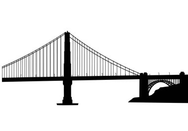 Golden Gate Köprüsü silueti. Bu görüntü, Golden Gate Köprüsü 'nü, Golden Gate Köprüsü zirvesi olarak da bilinen siyah siluet şeklinde gösteriyor. Clipart illüstrasyon tasarımı.