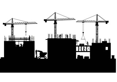 İnşaat alanı silueti. Bu görüntü vinçlerin, işçilerin ve makinelerin kentsel gelişim ve altyapıyı temsil ettiği bir inşaat alanını gösteriyor. Clipart illüstrasyon tasarımı.