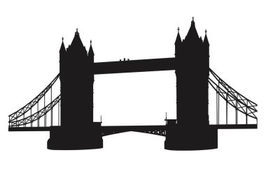 Tower Bridge silueti. Bu görüntü, Londra 'daki ikonik Tower Köprüsü' nü gösteriyor. İkiz kuleleri ve süspansiyon unsurlarıyla siyah bir siluet olarak tasvir ediliyor. Clipart illüstrasyon tasarımı.