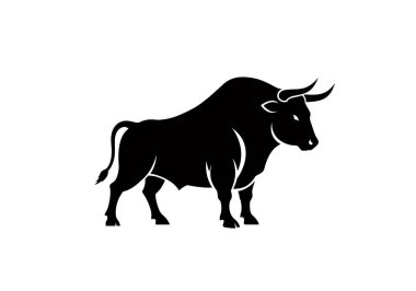 Boğa silueti. Bu görüntü belirgin boynuzları ve kaslı bir yapısı olan siyah bir boğanın siluetini gösteriyor. Clipart illüstrasyon tasarımı.