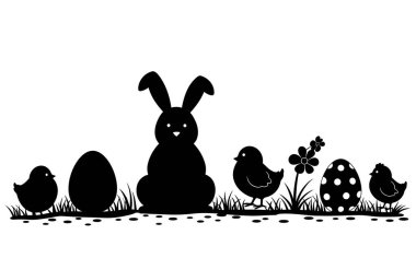 Paskalya siluetleri. Bu resim, Paskalya temalı tavşanlar, civcivler, yumurtalar ve çiçekler içeren siyah siluet koleksiyonunu gösteriyor. Clipart illüstrasyon tasarımı.