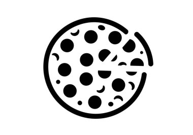 Pizza silueti. Bu resim, çeşitli malzemeler ve dilimlenmiş bir pizzanın siyah bir klişe çizimini gösteriyor. Clipart siyah illüstrasyon tasarımı.