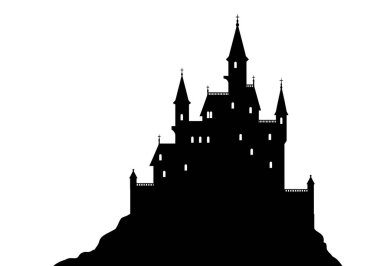Drakula Kalesi Silueti. Bu resim Drakula temalı bir şatonun siyah siluetini gösteriyor. Ayrıca perili kale ya da gotik yapı olarak da bilinir. Ürkütücü mimari detaylarla. Clipart illüstrasyon tasarımı.