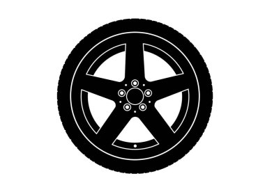 Araba tekerleği silueti. Bu resim, beş telli ve sağlam lastikli bir araba tekerleğinin koyu siyah bir illüstrasyonunu gösteriyor. Clipart siyah illüstrasyon tasarımı.