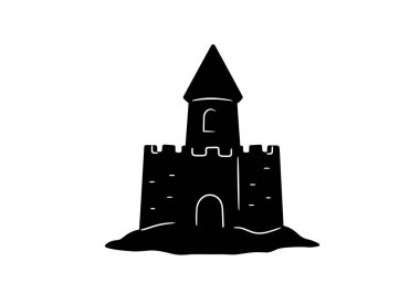 Kumdan Kale Silueti. Bu resim, detaylı kuleleri ve siperleri olan bir kumdan kalenin siyah siluetini gösteriyor, ayrıca plaj şatosu ya da kale tasarımı olarak da bilinir. Clipart illüstrasyon tasarımı.