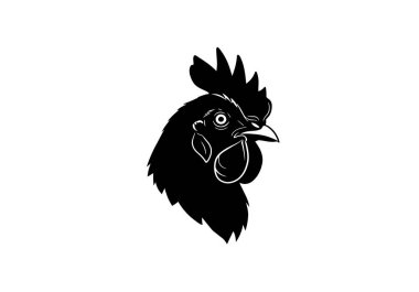 Tavuk Suratlı Siluet. Bu resim, tarağı, gagası ve gagası olan ve kümes hayvanı veya tavuk profili olarak da bilinen bir tavuk kafasının siyah siluetini gösteriyor. Clipart illüstrasyon tasarımı.