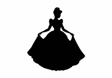 Külkedisi silueti. Bu resim bir balo elbisesi içindeki Cinderella siluetini gösteriyor, zarafet ve fanteziyi temsil ediyor. Clipart illüstrasyon tasarımı.