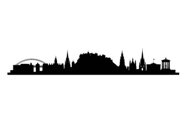 İskoçya silueti. Bu resim Edinburgh, İskoçya 'nın tarihi ufuk çizgisini gösteriyor, kaleler ve kuleler gibi ikonik simgeleri vurguluyor. Clipart illüstrasyon tasarımı.
