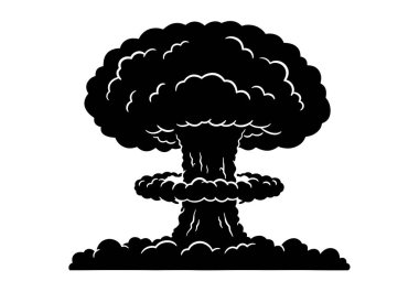 Mantar bulutu silueti. Bu resim, atomik ya da nükleer patlama bulutu olarak da bilinen mantar bulutunun siyah bir siluetini ayrıntılı dumanlı olarak gösteriyor. Clipart illüstrasyon tasarımı.