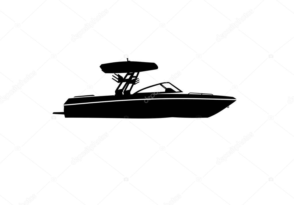 Wakeboard boat silhouette. This image shows a black silhouette of a wakeboard boat with a tower and canopy, used for water sports and recreational activities. Clipart illustration design.
