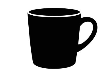 Kahve fincanı silueti. Bu resim, modern ve zarif sofra takımını sembolize eden bir kahve fincanının sade bir temsilini gösteriyor. Clipart siyah illüstrasyon tasarımı.