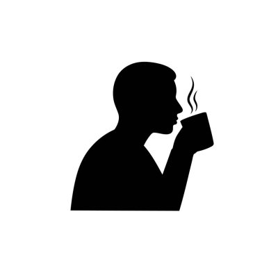 Kahve silueti içiyorum. Bu resim, oturmuş, rahatlamayı, yaşam tarzını ve gündelik zarafeti sembolize ederken elinde dumanı tüten bir fincan kahve tutan bir insanı gösteriyor. Clipart siyah illüstrasyon tasarımı.