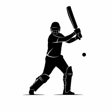 Kriket oyuncusu silueti. Bu görüntü, sahadaki dinamik hareketleri ve profesyonel spor ekipmanlarını vurgulayan bir kriket oyuncusunun siyah siluetini gösteriyor. Clipart illüstrasyon tasarımı.