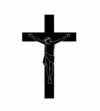 İsa haçı silueti. Bu resim çarmıhtaki İsa 'nın siluetini gösteriyor. Çarmıha gerilmeyi, fedakarlığı ve kefareti simgeliyor. Clipart illüstrasyon tasarımı.