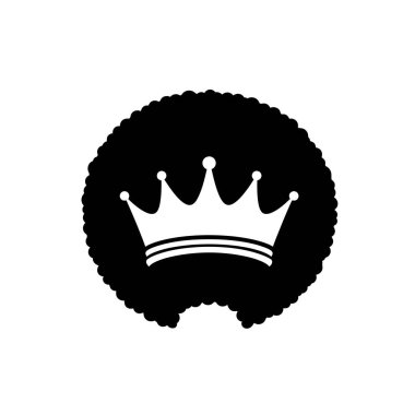 Afro taç silueti. Bu görüntü, kraliyet ve kültürel gururu sembolize eden, ortasında beyaz bir taç olan siyah bir saç stilini gösteriyor. Clipart illüstrasyon tasarımı.