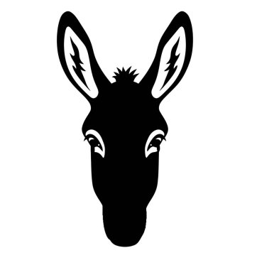 Eşek suratlı siluet. Bu resim bir eşeğin başının siyah ve beyaz tasvirini gözler ve kulaklar ile gösteriyor. Clipart illüstrasyon tasarımı.