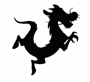 Mushu silueti. Bu resim, bıyık, pençe ve kuyruk gibi karmaşık detaylarla dinamik bir pozdaki bir ejderhanın siyah siluetini tasvir ediyor. illüstrasyon siyah clipart tasarımı.