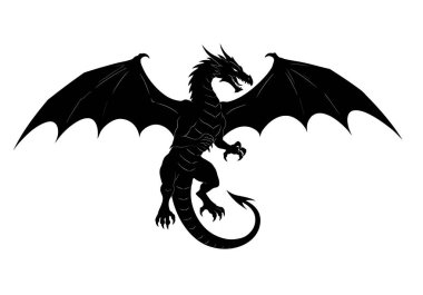 Ejderha silueti. Bu resim, ayrıntılı kanatları, kuyruğu ve pençeleri görkemli bir duruşta olan vahşi bir ejderhanın siyah siluetini gösteriyor. illüstrasyon siyah clipart tasarımı.