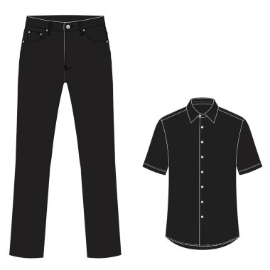 Kot pantolon silueti. Bu resimde siyah bir kot pantolon ve beyaz çizgili siyah kısa kollu bir gömlek var. Moda ve kıyafet zorunluluklarını temsil ediyor. Clipart illüstrasyon tasarımı.