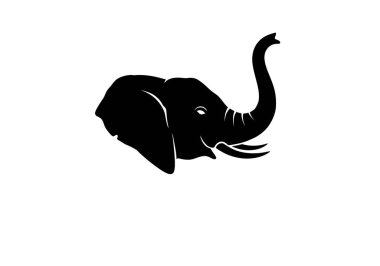 Fil kafası silueti. Bu resim, kıvrık dişlerini, büyük kulaklarını ve kendine özgü gövdesini vurgulayan koyu siyah bir fil kafası silueti gösteriyor. Clipart illüstrasyon tasarımı.