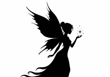 Peri silueti. Geniş kanatları ve dalgalı elbisesi olan bir peri silueti uzanmış bir elde ışıldayan bir yıldız tutar. Clipart siyah illüstrasyon tasarımı.