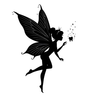 Diş perisi silueti. Bu resim sihirli bir perinin sihirli bir değneği tuttuğunu gösteriyor, tozla kaplı, geleneksel uyku zamanı folklor figürünü temsil ediyor. Clipart siyah illüstrasyon tasarımı.