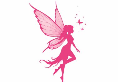 Pembe peri silueti. Bu resim, etrafında sihirli ve büyüleyici bir yaratığı temsil eden büyük kanatları ve kelebekleri olan pembe bir peri siluetini gösteriyor. Clipart siyah illüstrasyon tasarımı.