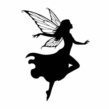 Dans eden peri silueti. Bu resim zarif bir periyi dans ederken kanatları olan, fantezinin ve büyünün özünü yakalayan bir periyi gösteriyor. Clipart siyah illüstrasyon tasarımı.