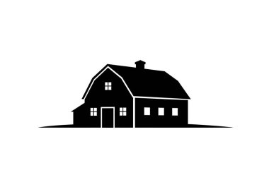 Çiftlik evi silueti. Bu resim bir çiftlik evinin siyah siluetini gösteriyor. Ahırı, pencereleri ve bacası var. Kırsal çiftlik ve tarımı sembolize ediyor. Clipart illüstrasyon tasarımı.