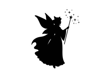 Peri anne silueti. Bu resim, kanatlı ve akışkan bir elbiseyle süslenmiş yıldızlı ve parıltılı bir değnek tutan bir iyilik perisini gösteriyor. Clipart siyah illüstrasyon tasarımı.