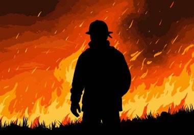 Wildland itfaiyecisi silueti. Bu resim, alevler arasında duran cesur bir itfaiyecinin siluetini gösteriyor. Aynı zamanda cesaret ve eylemi simgeleyen itfaiyeci ya da acil durum müdahalecisi olarak da bilinir. Clipart illüstrasyon tasarımı.