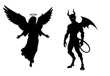 Melek şeytan silueti. Halesi ve kanatları olan ilahi bir melek boynuzları ve kuyruğu olan şeytani bir şeytanla çelişiyor, iyiyi ve kötüyü simgeliyor. Clipart illüstrasyon tasarımı.