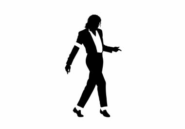 Michael Jackson silueti. Michael Jackson 'ın siyah bir silueti, onun efsanevi Pop Kralı statüsünü vurguluyor. Clipart illüstrasyon tasarımı.