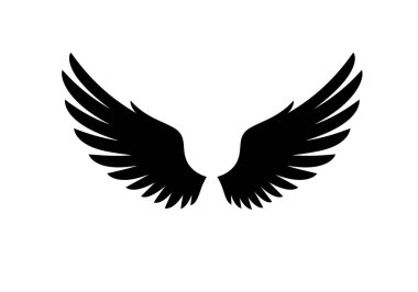 Melek kanadı silueti. Bir çift siyah melek kanatları simetrik, yayılmış bir pozisyonda, ilahi zarafeti, korumayı ve maneviyatı sembolize ediyor. Clipart illüstrasyon tasarımı.