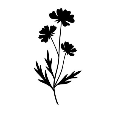 Vahşi çiçek silueti. Bu resim, yaprakları ve yaprakları detaylandırılmış bir yabani çiçeğin siyah siluetini gösteriyor. illüstrasyon siyah clipart tasarımı.