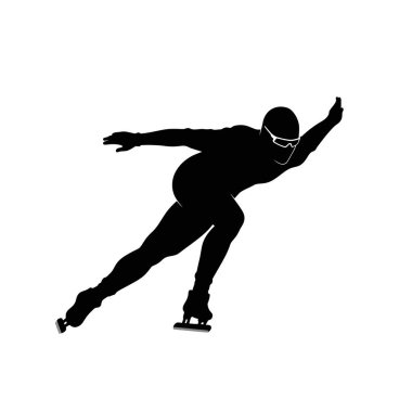 Hız pateni silueti. Bu görüntü bir hız patencisini gösteriyor, dinamik bir poz içinde, kask ve gözlük takıyor, bir kolu uzamış şekilde öne doğru eğiliyor. Clipart illüstrasyon tasarımı.
