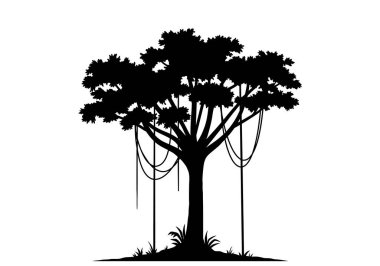 Yağmur ormanları silueti. Bu resim, gür, gür yapraklı ve canlı tropikal orman manzaralı bir yağmur ormanı ağaç siluetini gösteriyor. Clipart illüstrasyon tasarımı.