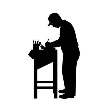 Siluet üzerinde çalış. Bu resim, çalışma ve işçilik kavramını vurgulayan çeşitli aletlerle bir masada çalışan bir kişinin siluetini gösteriyor. Clipart illüstrasyon tasarımı.
