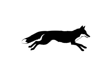 Koşan tilki silueti. Bu görüntü, çevikliğini, zarafetini ve doğal zarafetini sergileyen koşunun ortasında bir tilkinin siyah siluetini gösteriyor. Clipart illüstrasyon tasarımı.