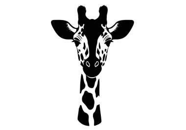 Zürafa suratlı siluet. Bu resim, bir zürafanın baş ve boynundaki siluet şeklindeki siyah ve beyaz tasvirini gösteriyor. Clipart illüstrasyon tasarımı.