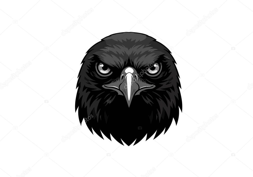 Eagle face silhouette. This image shows a bold black and white depiction of an eagle head silhouette with sharp feathers and an intense gaze. Clipart illustration design.