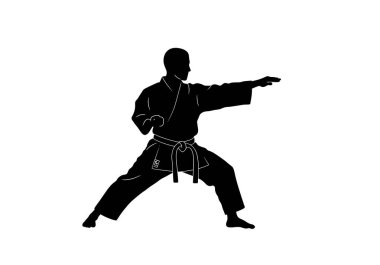 Karate silueti. Bu görüntü dinamik bir dövüş sanatları duruşu sergileyen, geleneksel bir kıyafet ve kemer takan, güçlü ve disiplinli bir kişinin siyah siluetini gösteriyor. Clipart illüstrasyon tasarımı.