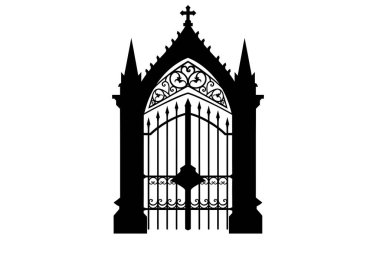 Mezarlık kapısı silueti. Bu resim gotik mimari elementlerle dolu bir mezarlık kapısı siluetini gösteriyor. Sivri kemerler ve süslü demirler de dahil. Clipart illüstrasyon tasarımı.