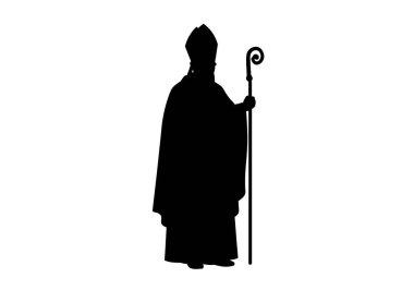 Piskopos silueti. Bu görüntü, Hristiyanlıkta dini bir figürü temsil eden cübbe ve mitre giyen bir piskoposun siyah siluetini gösteriyor. Clipart illüstrasyon tasarımı.