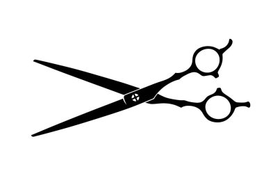 Saç makasi silueti. Bu resim, berber makası ya da makas olarak da adlandırılan, hassasiyeti ve tımarı sembolize eden koyu siyah saç makaslarını gösteriyor. Clipart illüstrasyon tasarımı.