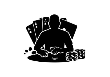 Poker silueti. Bu resim, kumar veya kumarhane sembolleri, vurgulama stratejisi ve eğlence olarak da adlandırılan poker unsurları içeren cesur bir siyah siluet sergiliyor. Clipart illüstrasyon tasarımı.