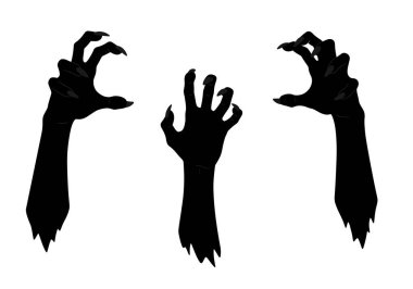 Korkunç el silueti. Bu resimde keskin pençeli, korku ve korkuyu simgeleyen cesur siyah el siluetleri sergileniyor. Clipart illüstrasyon tasarımı.