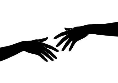 El siluetine ulaşılıyor. Bu resim, birbirine doğru uzanan ve etkileşim ve desteği sembolize eden iki elin cesur siyah siluetlerini gösteriyor. Clipart illüstrasyon tasarımı.