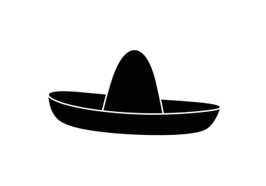 Meksika şapkası silueti. Bu resim geleneksel Meksika sombrerosunun siyah bir siluetini gösteriyor, yüksek bir tacı olan geniş kenarlı bir şapka. Clipart illüstrasyon tasarımı.