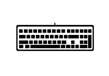 Klavye silueti. Bu resim bir bilgisayar klavyesinin anahtar ve düzenini temel girdi aygıtı olarak vurgulayan siyah ve beyaz ana hatlarını gösterir. Clipart illüstrasyon tasarımı.